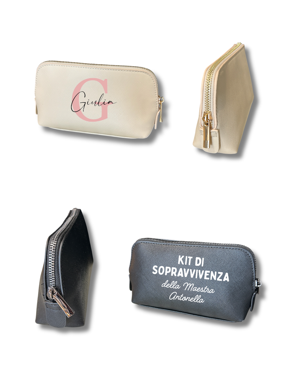 Beauty Case medio in Saffiano, beige e nero - Personalizzabile