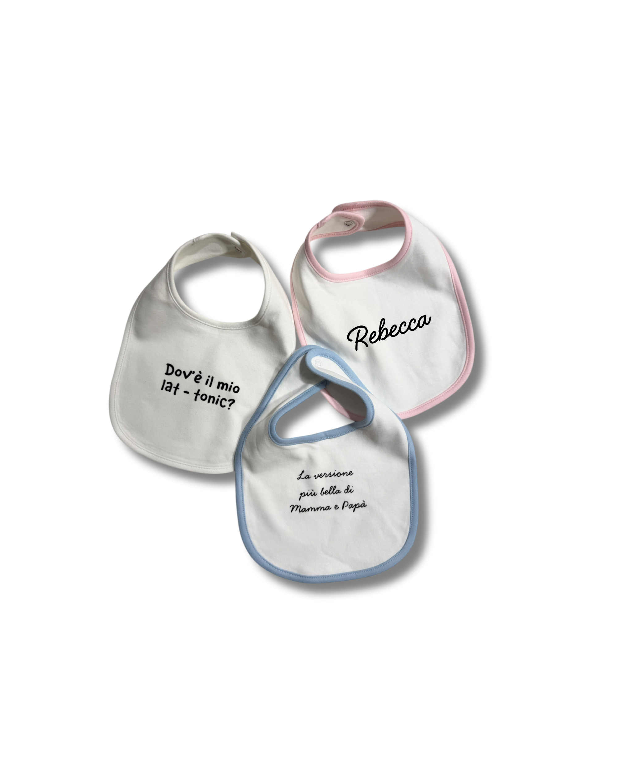 Bavaglino bianco con bordi color celeste, rosa o bianco - Personalizzabile