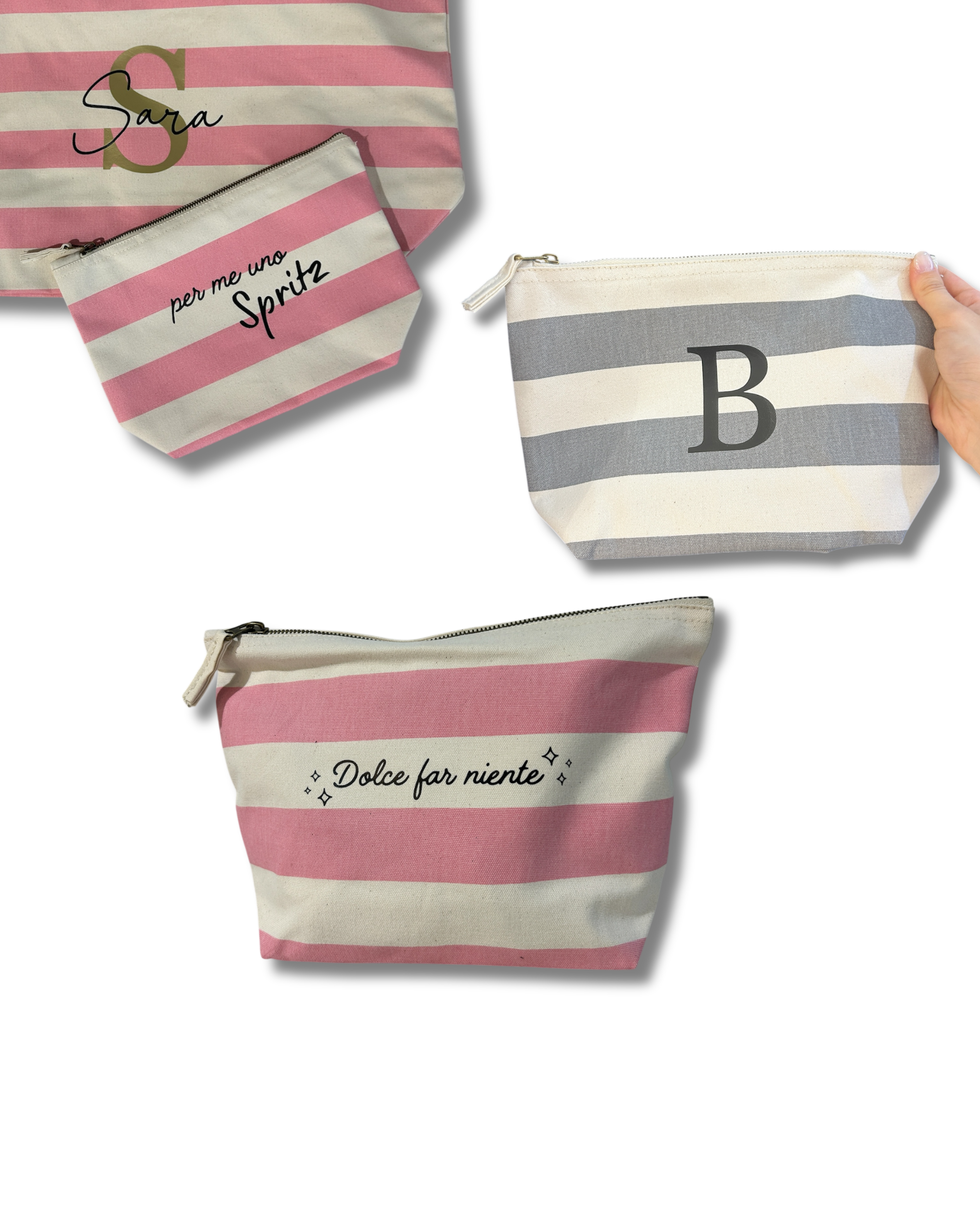 Pochette a Righe Rosa e Grigia con Zip,100% Cotone - Personalizzabile