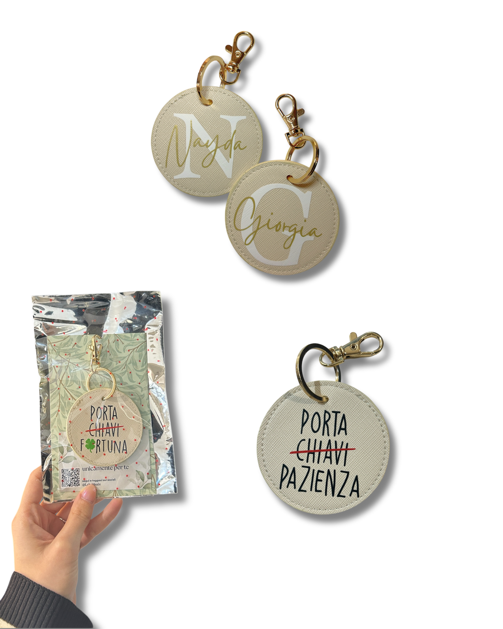 Portachiavi a Cerchio in Saffiano, beige gancio oro - Personalizzabile