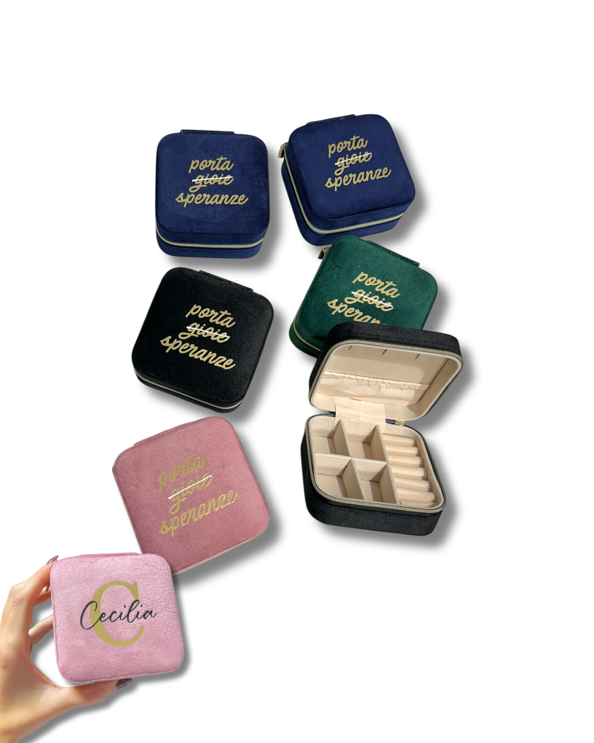 Porta gioie da viaggio in Velluto rosa, nero, blu e verde - Personalizzabile