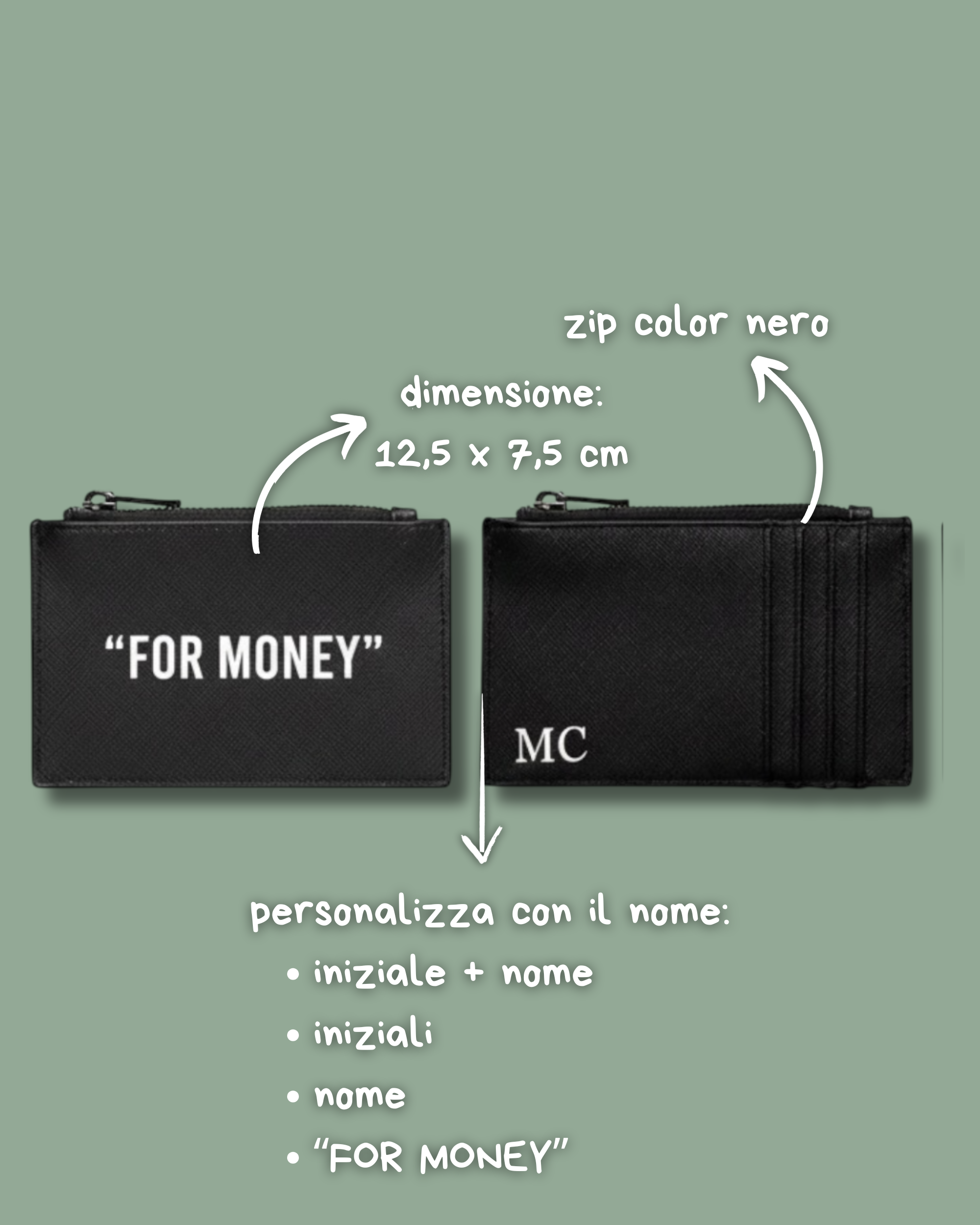 Porta Carte in Saffiano nero con zip nera - Personalizzabile