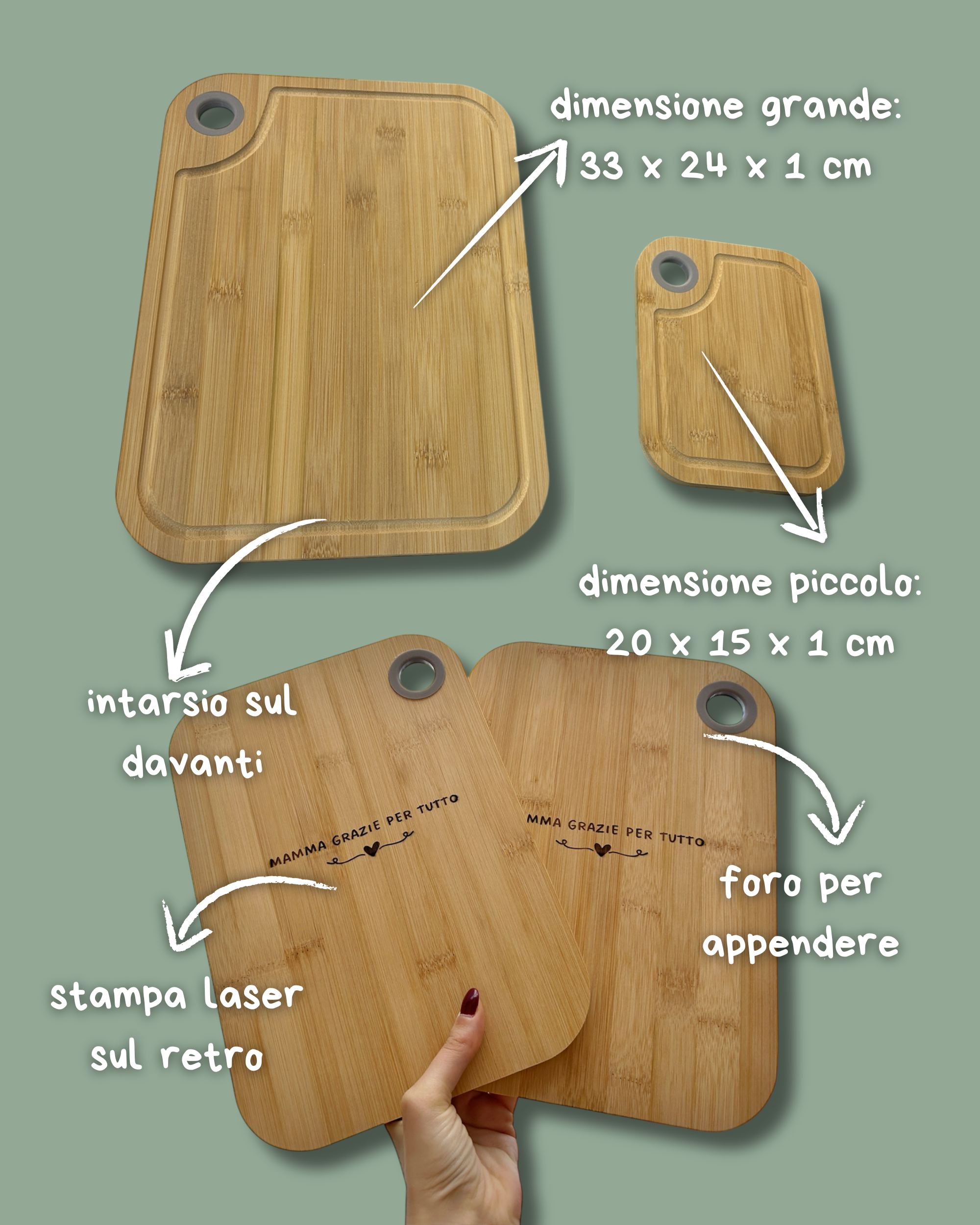 Tagliere in legno varie misure con foro per appendere, incisione laser - Personalizzabiole