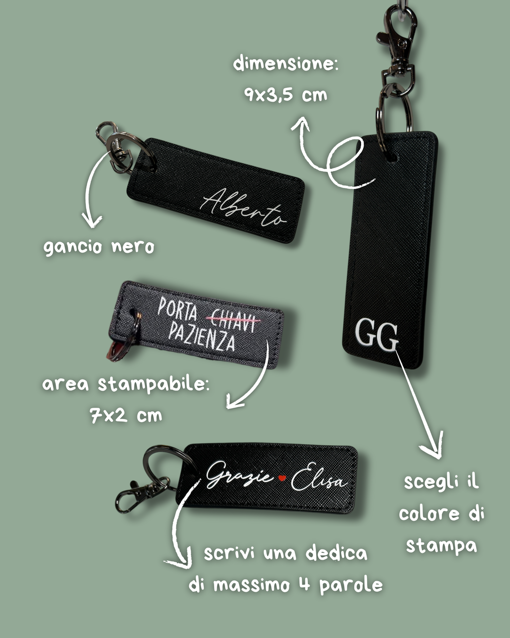Portachiavi Rettangolare in Saffiano, nero gancio nero - Personalizzabile