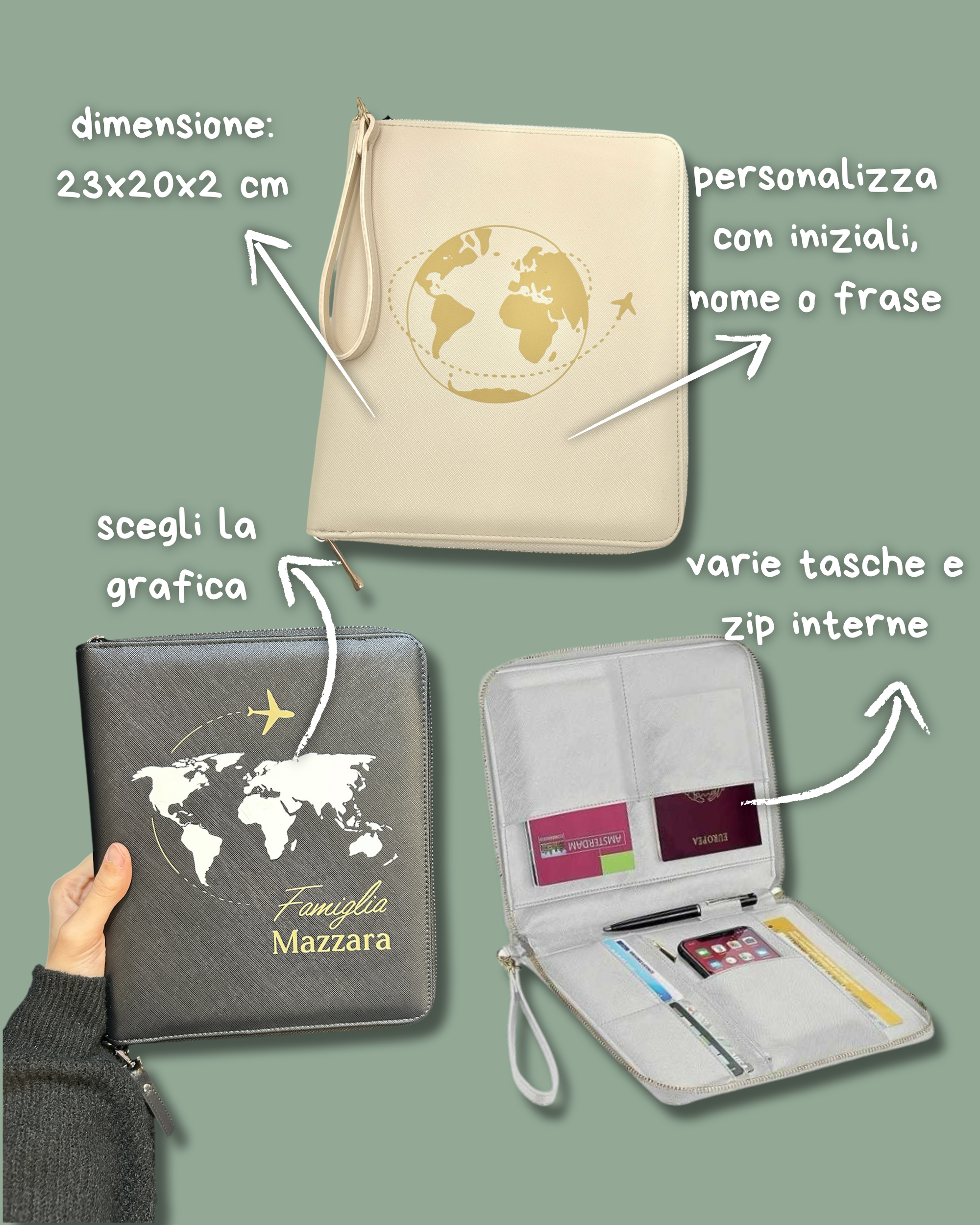 Organizer Pochette in Saffiano zip e tasche - Personalizzabile