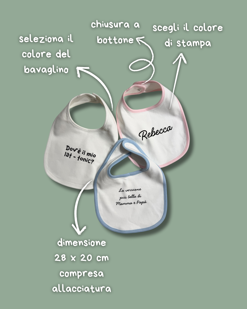 Bavaglino bianco con bordi color celeste, rosa o bianco - Personalizzabile