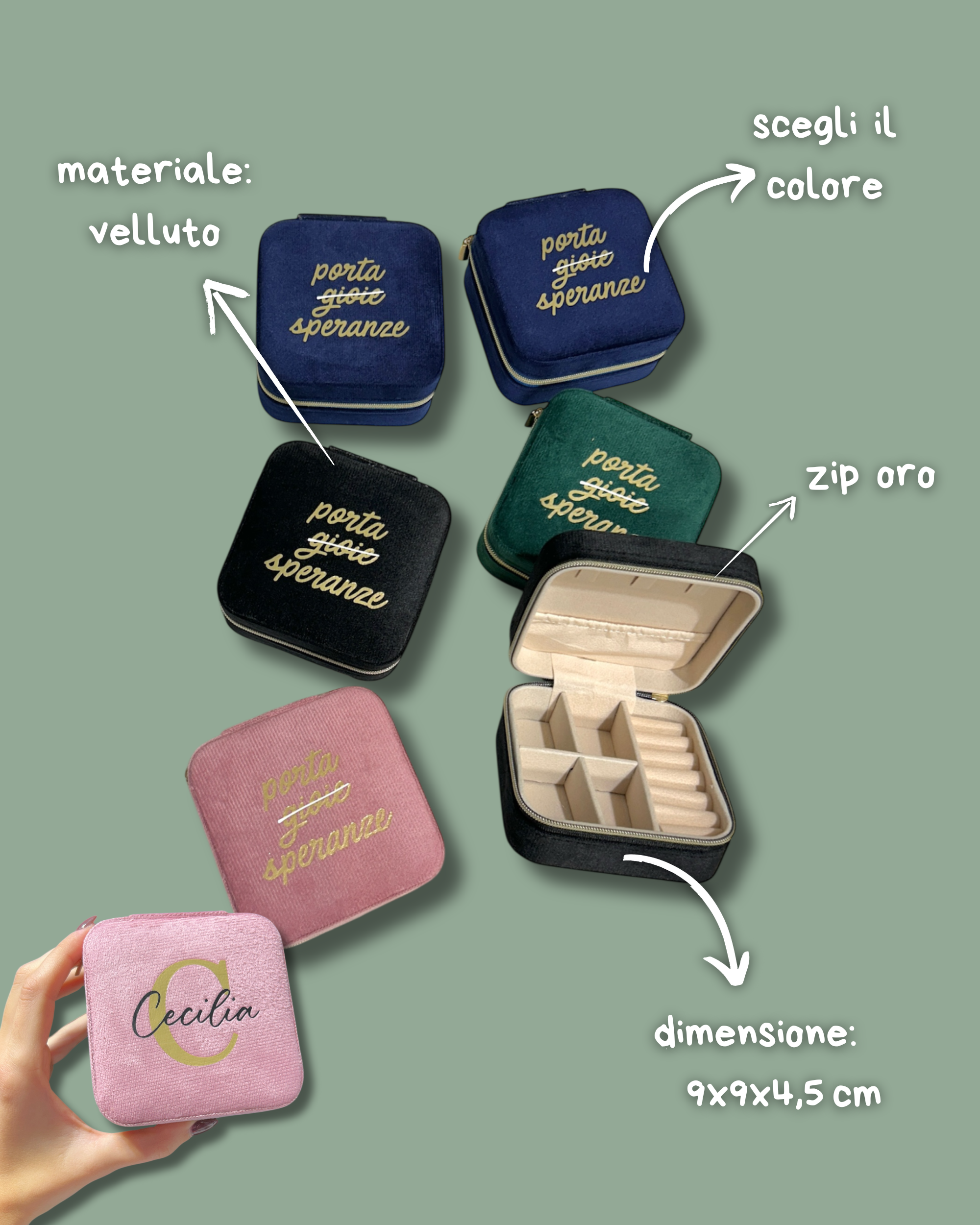 Porta gioie da viaggio in Velluto rosa, nero, blu e verde - Personalizzabile