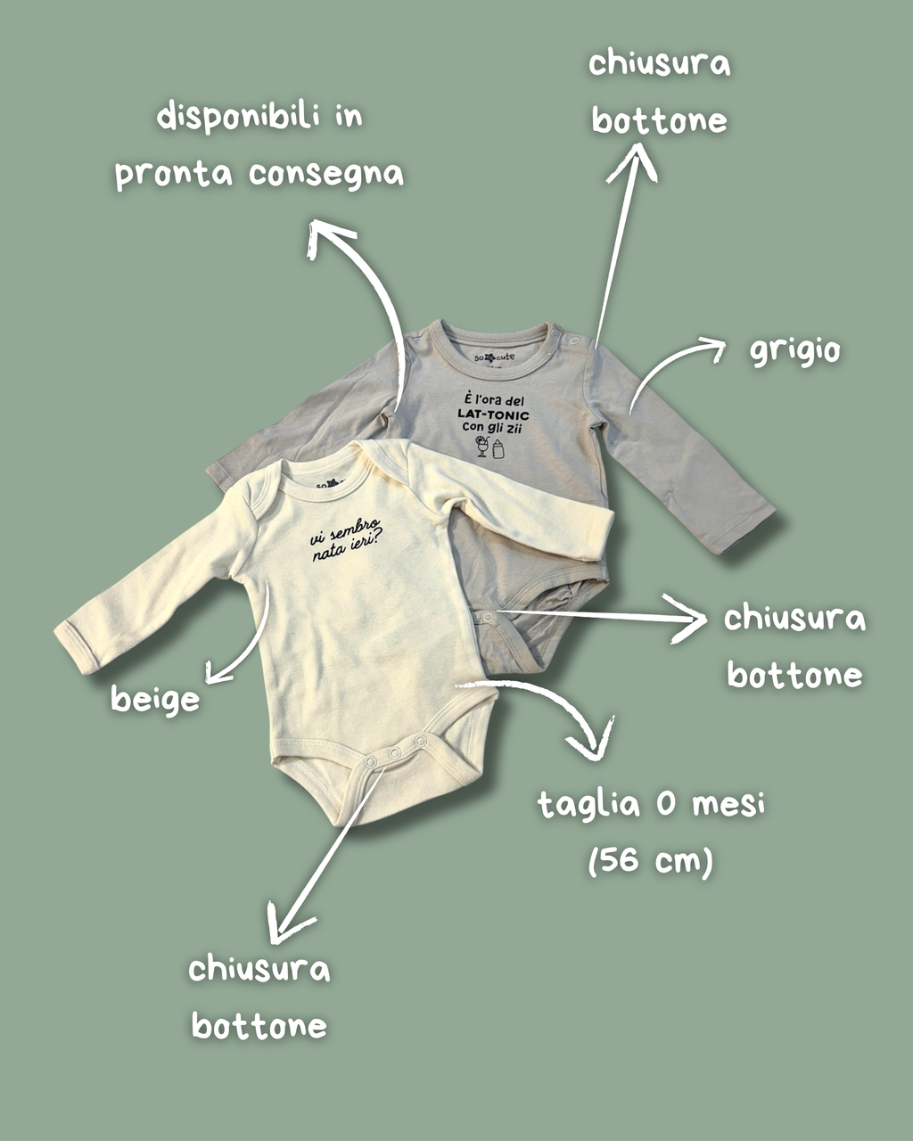 Baby Body in cotone, Manica Lunga Pronta Consegna – Grigio e Panna 0 Mesi (56 cm)