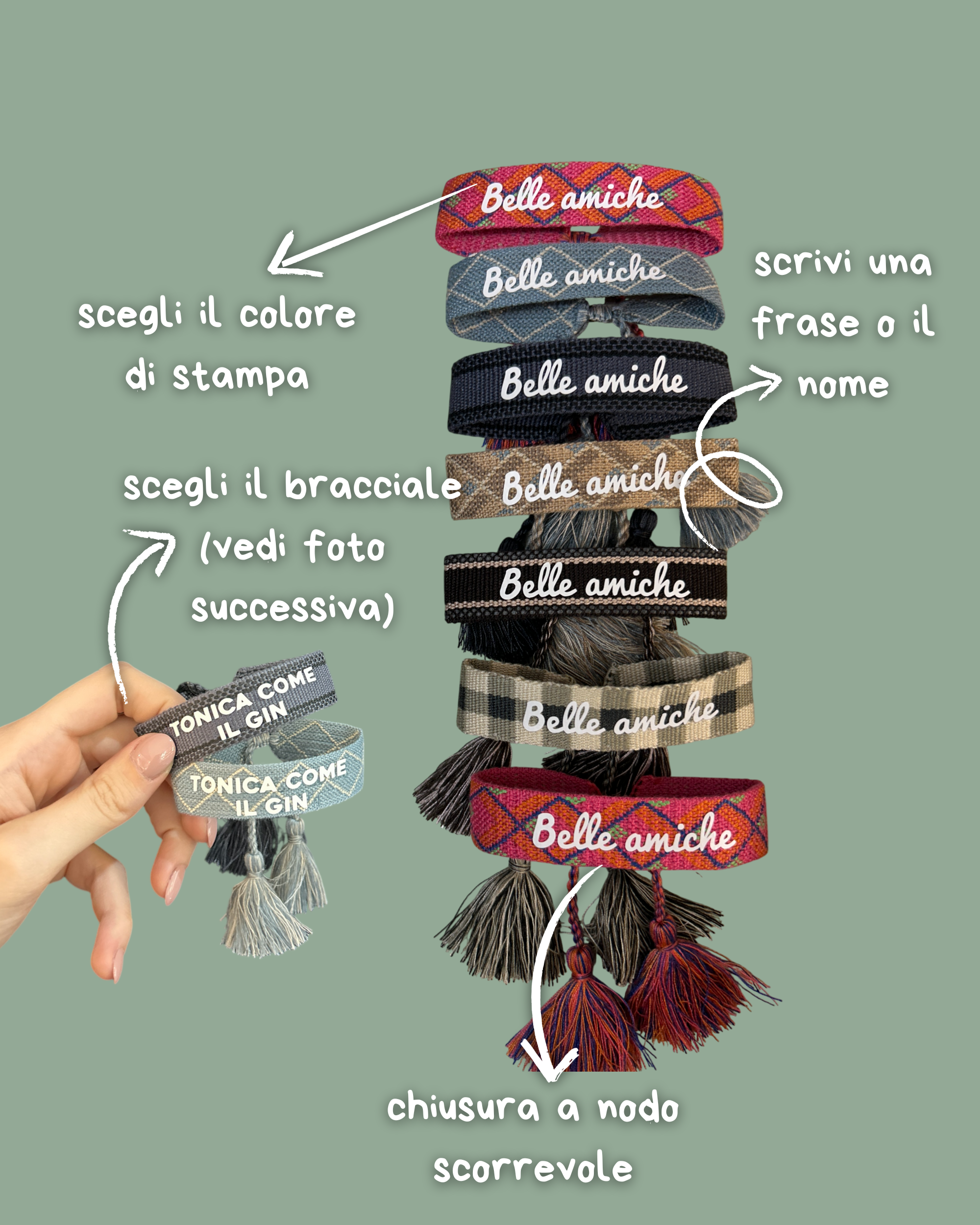 Bracciale varie fantasie con chiusura a nodo scorrevole e nappina - Personalizzabile