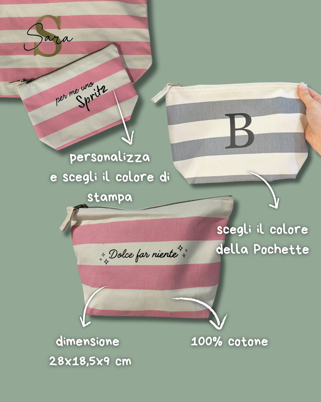 Pochette a Righe Rosa e Grigia con Zip,100% Cotone - Personalizzabile