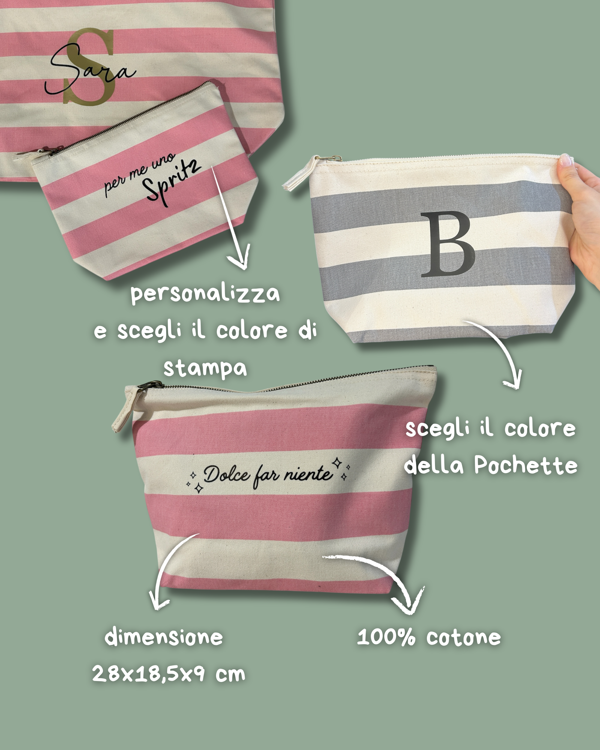 Pochette a Righe Rosa e Grigia con Zip,100% Cotone - Personalizzabile
