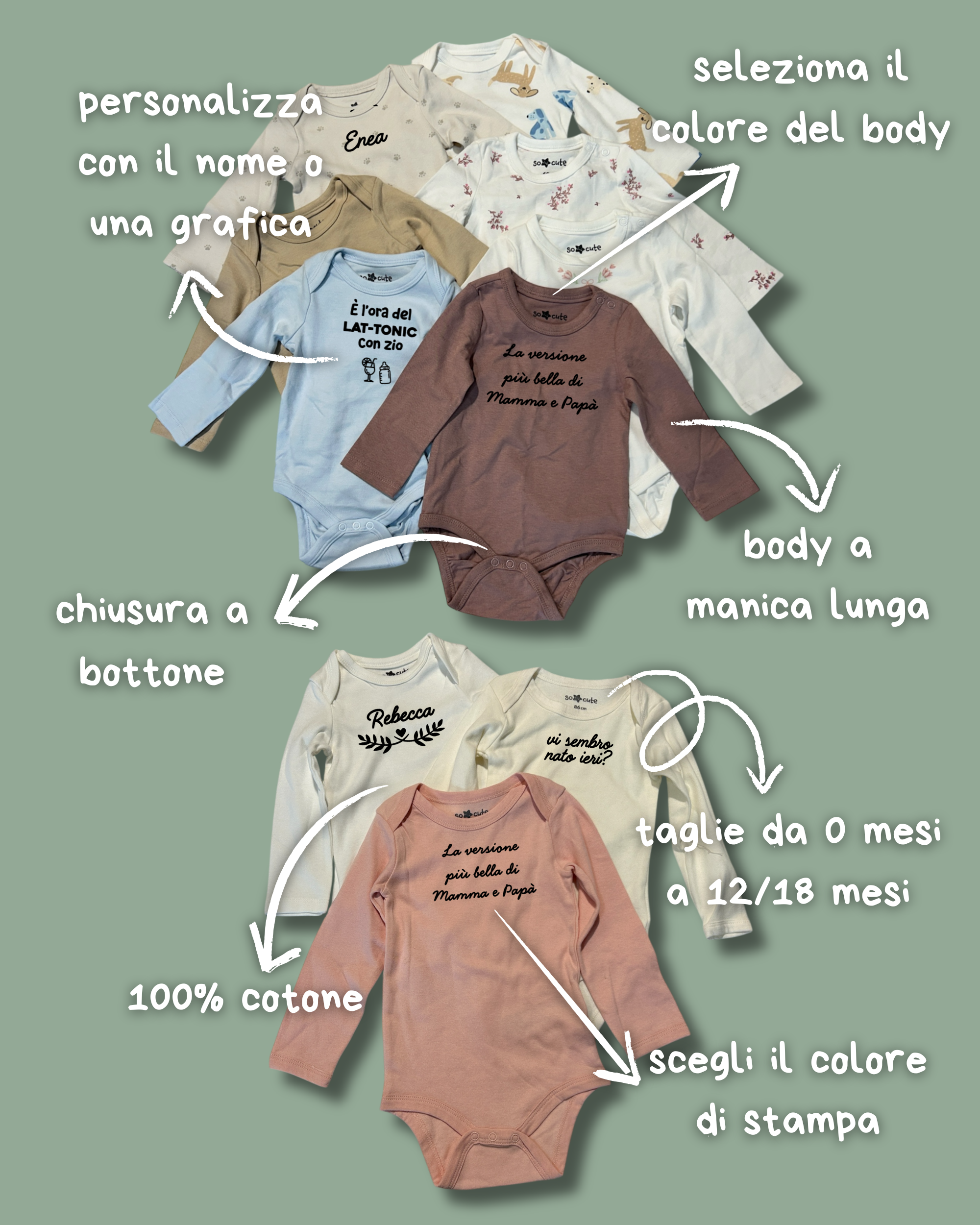Baby Body in cotone, Manica Lunga Personalizzabile (0/18 mesi) - Vari colori