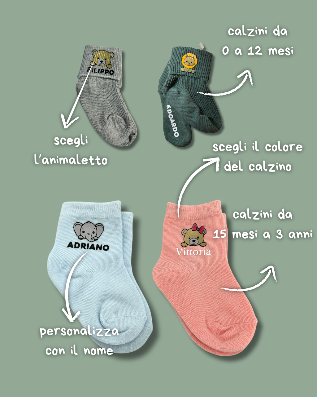 Baby Calzini vari colori con stampato animaletto ( da 0 mesi a 4 anni) - Personalizzabile