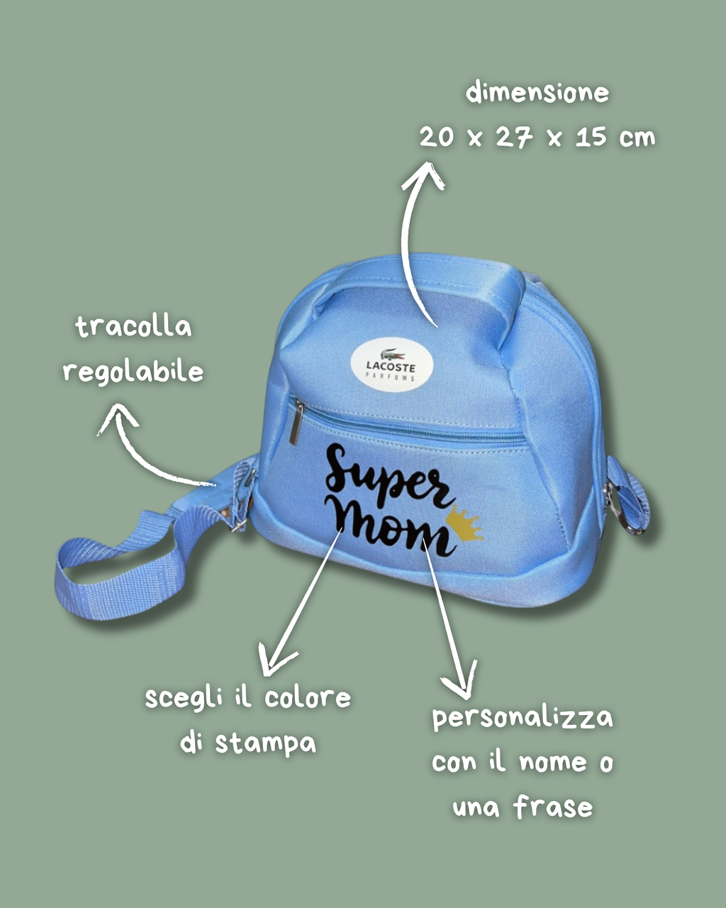 Borsa nascita Lacoste celeste, con tracolla regola regolabile e cerniere zip - Personalizzabile