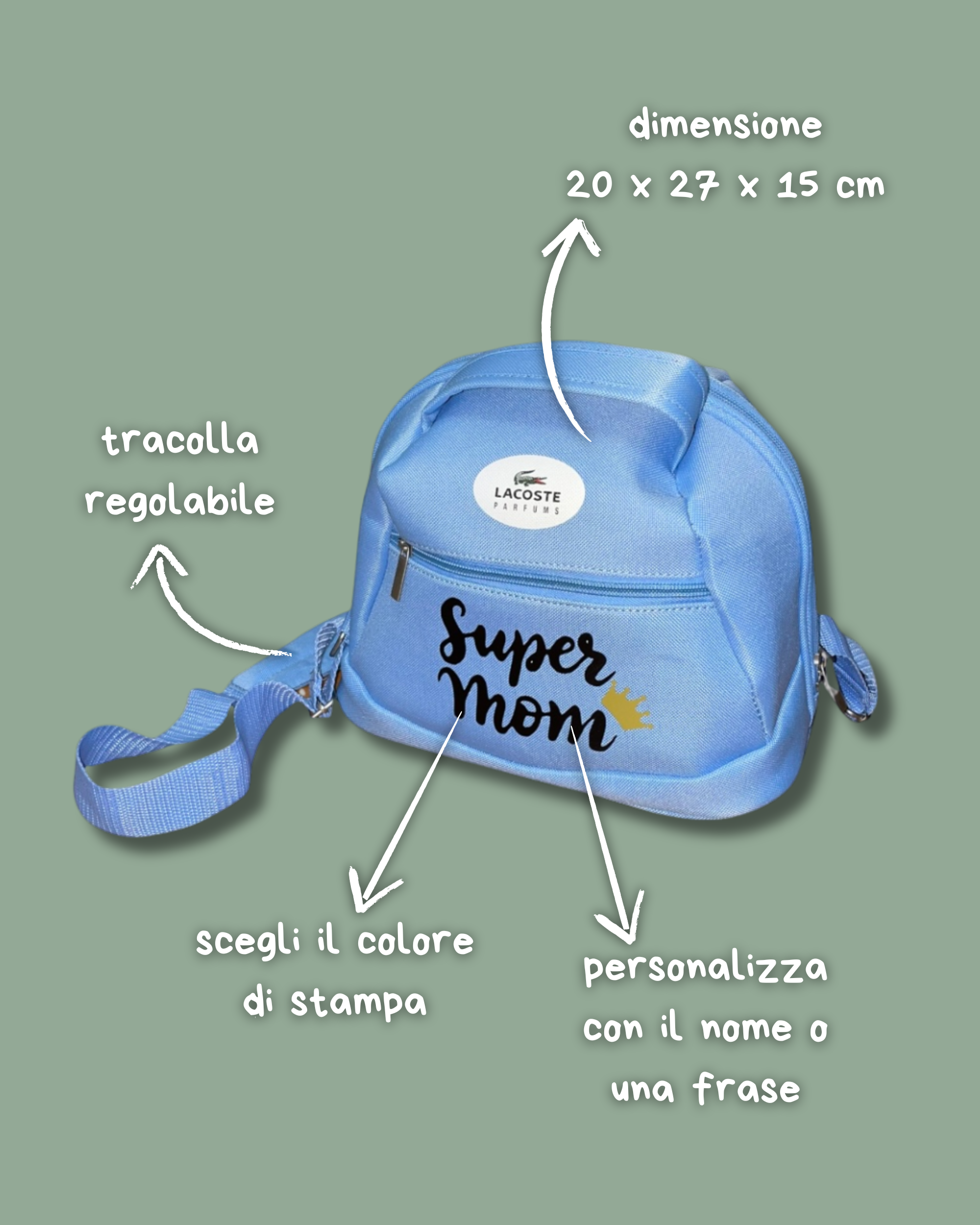 Borsa nascita Lacoste celeste, con tracolla regola regolabile e cerniere zip - Personalizzabile