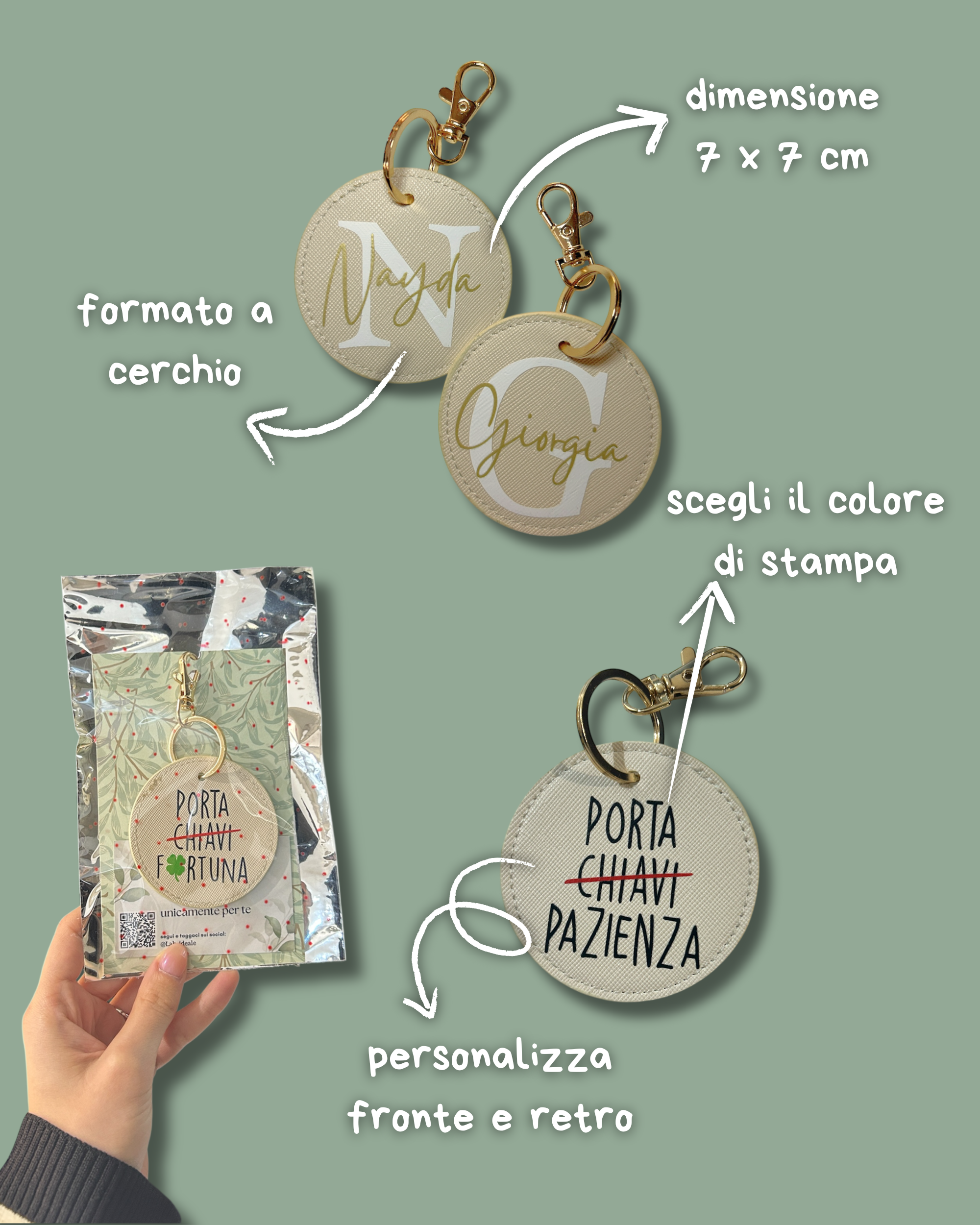 Portachiavi a Cerchio in Saffiano, beige gancio oro - Personalizzabile