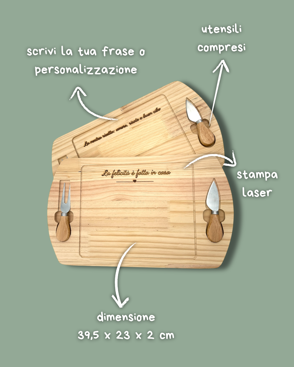 Tagliere in legno grande con incisione laser, utensili compresi - personalizzabile
