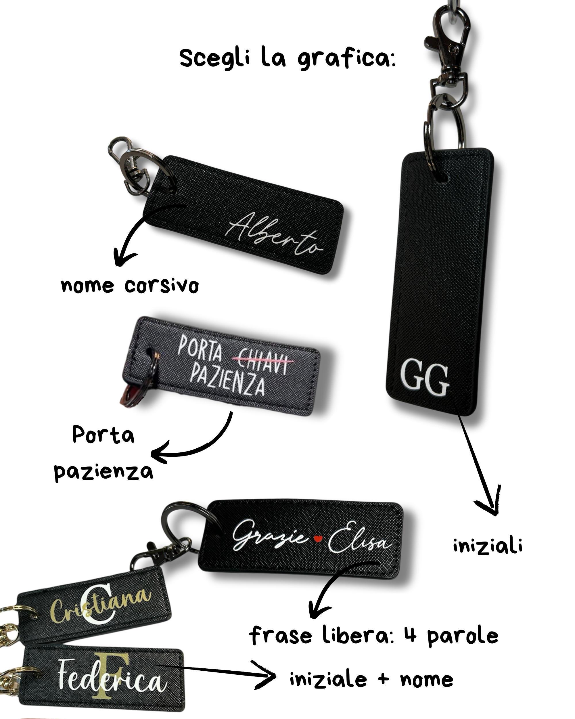 Portachiavi Rettangolare in Saffiano, nero gancio nero - Personalizzabile