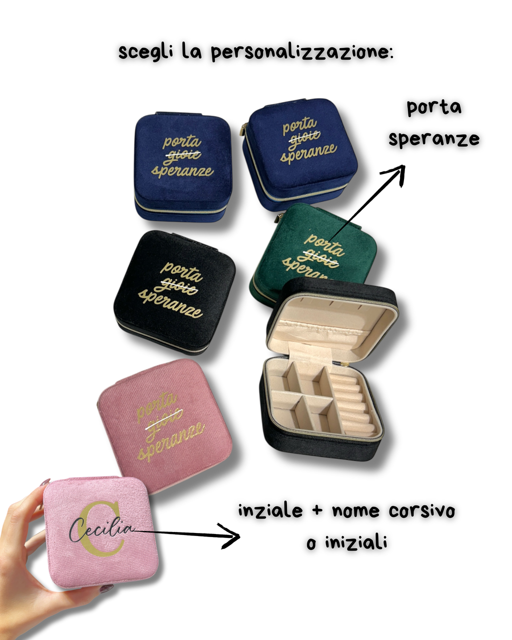 Porta gioie da viaggio in Velluto rosa, nero, blu e verde - Personalizzabile
